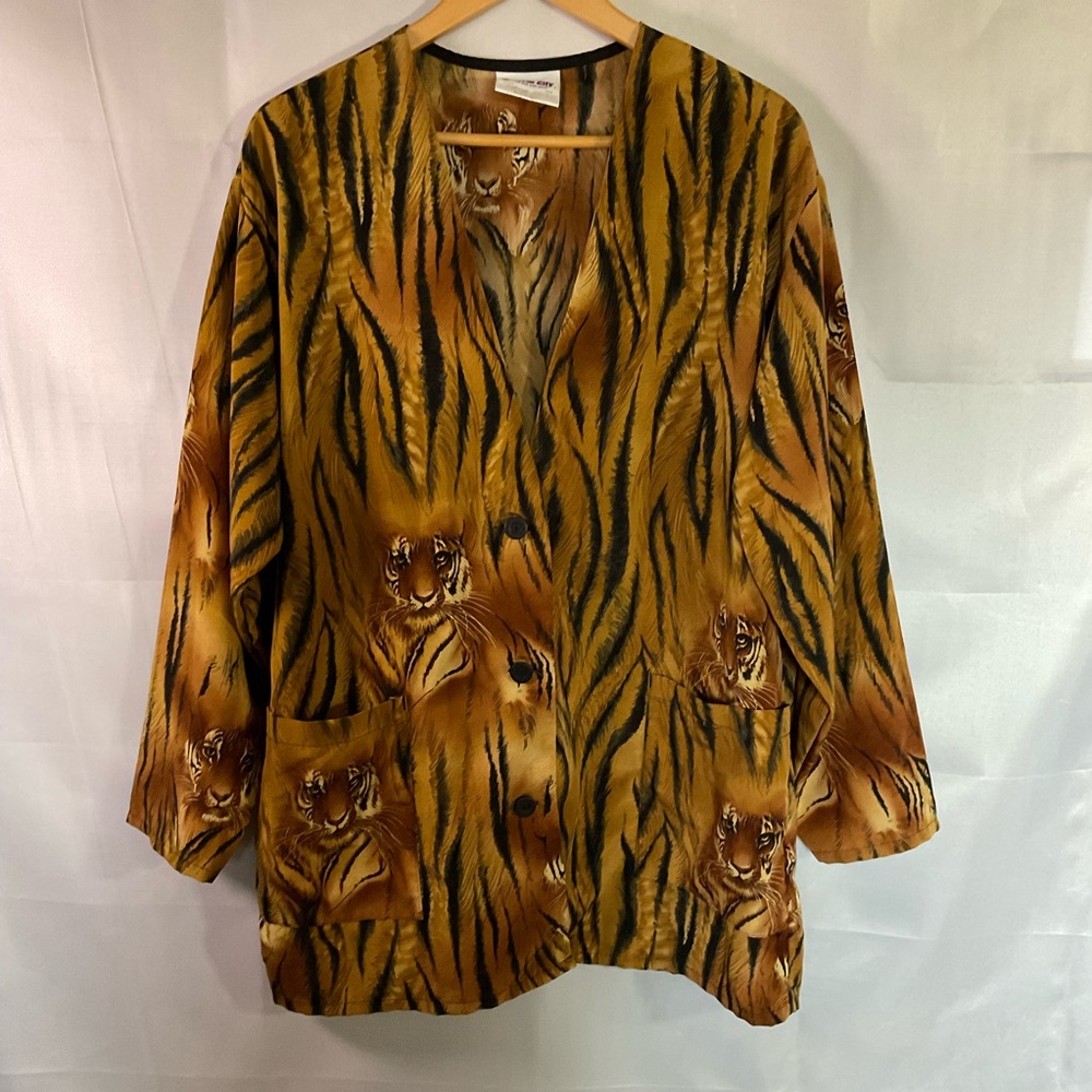 Vintage Tiger Print Jacket Oversized Longline Button Down Uniform City Large 90s
